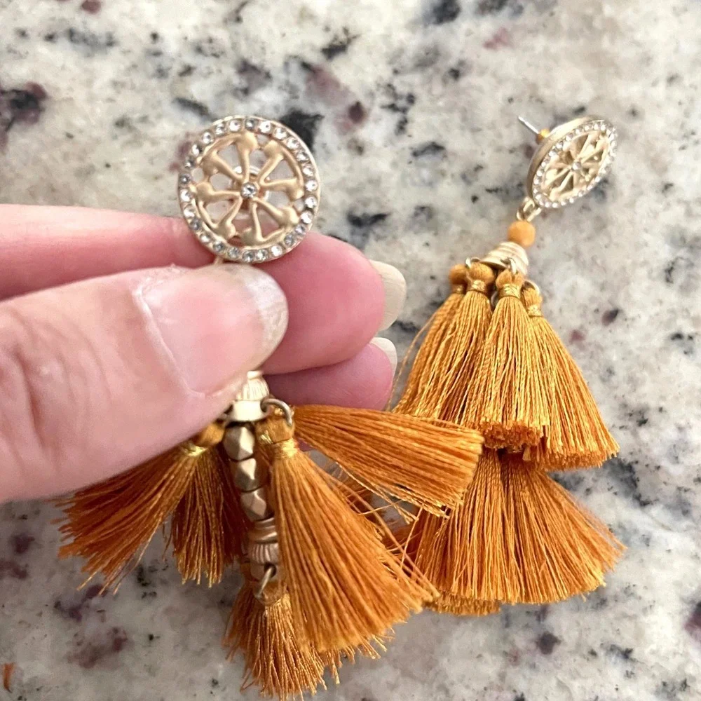 Unbranded‎ Tassel Drop Earrings Womens Mustard Yellow Boho Statement Fringe Stud